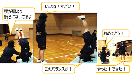 三点倒立の師範演技を見て、練習に取り組む画像