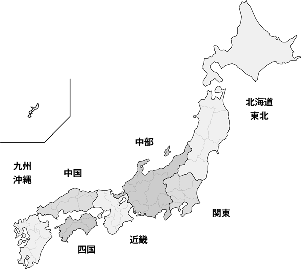 ７の地域で分けられた日本地図